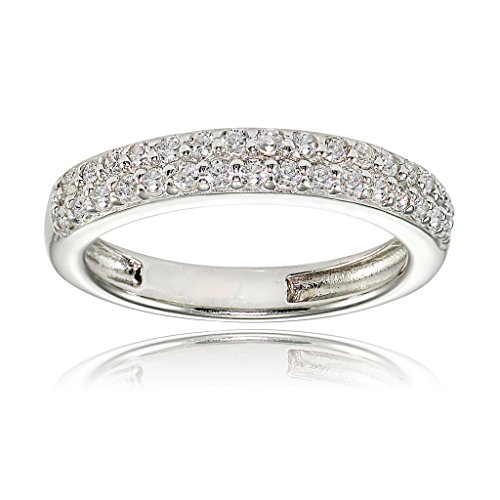 Hoops & Loops 925 Sterling Silver Cubic Zirconia 2-Row Round-Cut Eternity Band Ring for Women Teen Girls, Silver, Yellow & Rose Gold