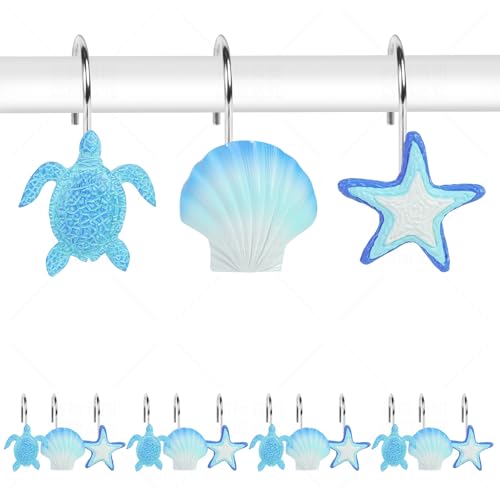 Starfish & Seashell &Turtle Beach Shower Curtain Hooks Set of 12 Decorative Coastal Ocean Shower Hooks with Rust-Resistant Metal Rings