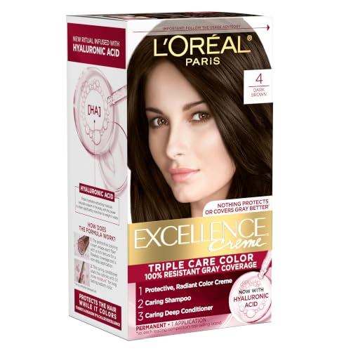 L'Oreal Paris Excellence Crème Permanent Hair Dye, Triple Care Hair Color with Hyaluronic Acid for 100% Gray Coverage, 4 Dark Brown, 1 Kit (Packaging May Vary)