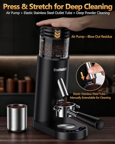 Image of COOL KNIGHT Rechargeable Conical Burr Coffee Grinder, 60 Grind Settings & 5-98 Level Timer, Espresso Grinder with Bellows Hopper and Portafilter Holder, Easy to Clean