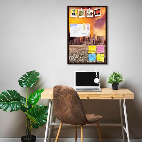 Image of ArtzFolio City Overlooking Desolate Desert | Bulletin Board Notice Pin Board | Vision Soft Board Combo with Thumb Push Pins & Sticky Notes | Dark Brown Frame | 16 x 24 inch (41 x 61 cms)