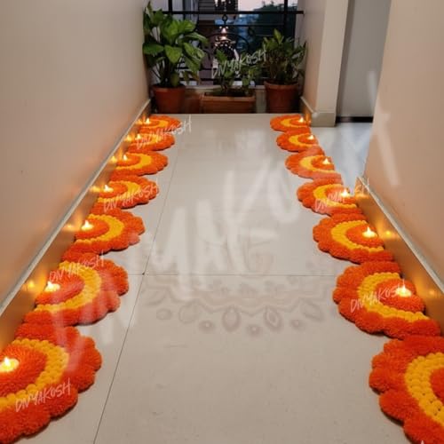 Image of Divyakosh Decorative LED Floor Rangoli Set, Orange and Yellow Design, 6 Pieces with Led Tea Lights, Traditional Diwali Decor