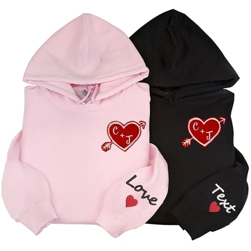 Custom Embroidered Couple Hoodies Sweatshirt, Custom Felt Embroidered Couple Matching Sweatshirt, Custom Letter Name On Left Sleeve, Couple Hoodie, Aniversary, Valentine, Christmas