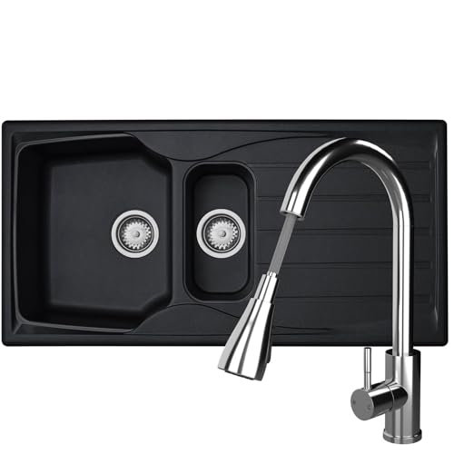 Image of Liquida CMP15BL 1.5 Bowl Reversible Black Kitchen Sink and Pull Out KPO11CH Tap