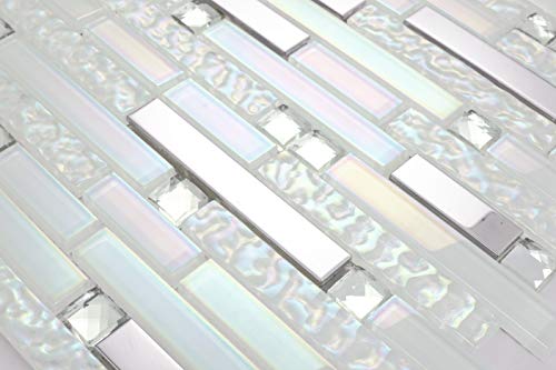 Hominter 11-Sheets Glass And Metal Tile, Iridescent White And Silver Mirror Stainless Steel Linear Wall Tile, Backsplash Tile For Kitchen And Bathroom Nb01 #TOP1