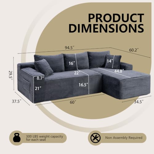 Image of 94.5 inch L Shaped Boneless Sectional Corduroy Couches for Living Room (Gray)