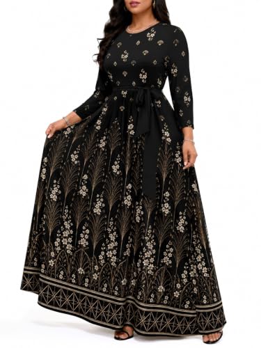 Image of PinkPatty Women's Long Sleeve Maxi Dress Plus Size Trendy Wedding Guest Dress with Pockets&Belt