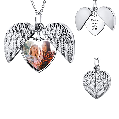 INBLUE Collar Foto Personalizado Colgante Mujer Medallón de Corazón Ángel Alas Girasol Inciso Mensaje Material Acero Inoxidable Regalos para Parejas, Madre, Hija (Plata Ángel Alas)