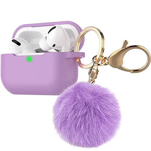 Tekcoo Compatible with Airpods Pro Case,Airpod Case for Apple Airpods Pro [Front LED Visible] Gift for Girls Women,Air Pods Silicone Cute Protective Cover Accessories with Pompom Keychain Lavender