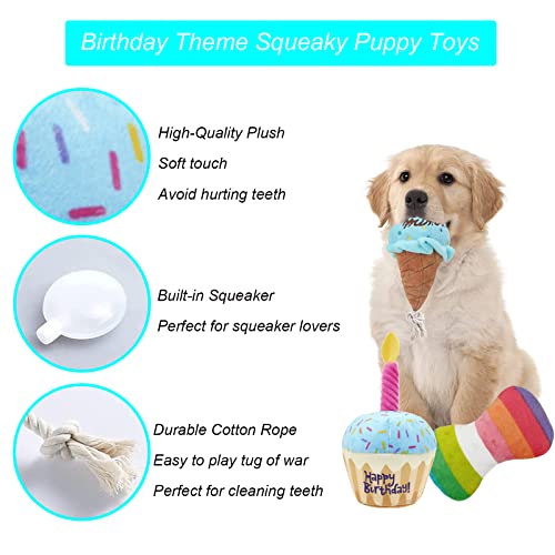 TEKCAM Hund Geburtstag Spielzeug, Hund Geburtstagstorte Spielzeug mit Geburtstagsmütze, Geburtstagsknochen, Haustier Eiscreme, Quietschendes Plüschtier, 4 Stück Hunde-Geburtstagsparty-Zubehör