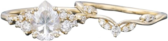 1.0 ct Pear Shaped Gemstone Engagement Rings For Women 2 pcs Unique Art Deco Curved Wedding Ring Set 10K 14K 18K Gold Nature Teardrop Inspired Ring Wedding Engagement Ring Set