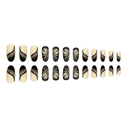 Black Butterfly Press On Nails Medium Length Black French Tip Fake Nails With Luxury Butterfly Glitter Designs False Nails Almond Full Cover Acrylic Artificial Nails For Women Girls 24Pcs #TOP2