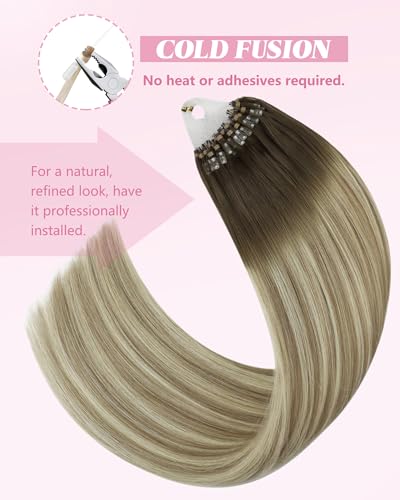 Image of YoungSee Micro Loop Hair Extensions Real Human Hair Balayage Microlink Hair Extensions Human Hair Brown Balayage Blonde Microbead Hair Extension 16Inch Ombre Bead Hair Extension 50s /57g