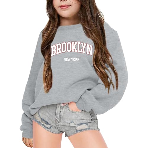 Girls Brooklyn Letter Print Graphic Sweatshirts Oversized Crewneck Long Sleeve Casual Loose Pullover Tops 3-9Years Grey