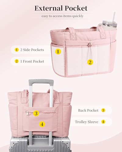Image of Puffer Tote Bag for Women Handbag Nurse Bag with Cup Holder & Laptop Compartment & Trolley Sleeve for Work Travel Pink