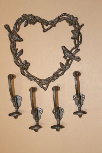Vintage Vintage Style Cast Iron Wild Birds Birdwatcher Wall Decor Hooks, Big Hearts 4-1 Set (5 Items)