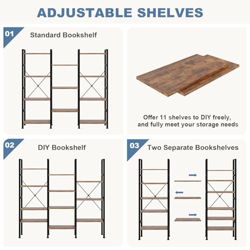 Image of DUMOS Triple Column 4 Tier Bookshelf with Adjustable Shelves, Wide Convertible Display Unit, Industrial Bookcase for Living Room & Home Office, Sturdy Freestanding Storage Decor Organizer, Rust
