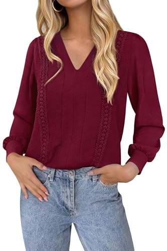 dowerme Womens Tops 2025 Fall V Neck T-Shirts Long Sleeve Shirts Lace Crochet Work Blouses Dressy Casual Loose Tunics