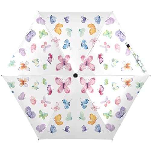 QwThum UV Sun Umbrella Travel Umbrella for 99% UV Protection Windproof Rainproof Compact Folding Small Light Fashion Parasol for Men and Women Butterfly