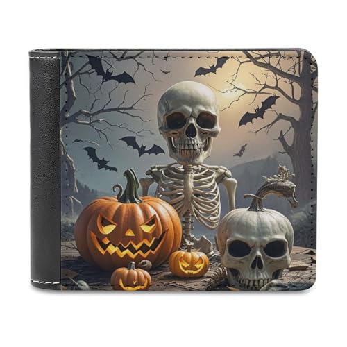LDGSUPH Funny Pumpkin Lamp Skull Leather Wallet Slim Bifold Wallet Billfold Purse Fashion Credit Card Holder Front Pocket Wallets for Adult