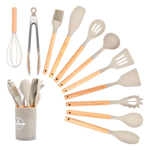 Küchenhelfer Set, Silikon Küchenutensilien Set, Antihaft Hitzebeständiger Holzgriff Kochbesteck mit Utensilienhalter, Spachtel Set, Kochlöffel,12-teilig(Khaki)
