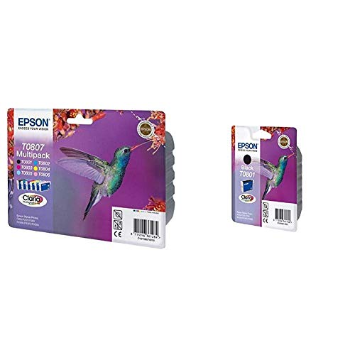 Image of Epson Multipack Ink Cartridge for Stylus PH R265/R360, Six Colour Ink, Genuine &C13T08014011 Original T0801 Claria Ink Cartridge, Black, Genuine