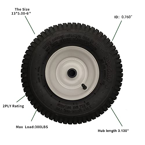 2 Pack 13X5.00-6 Lawn Tractor Pneumatic Wheel,Wheelbarrow Tire Turf Tread,3.13" Hub Length With Steel Rim,Flange Id 0.76'' #TOP2