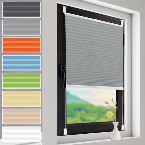 Window Blinds pleated blind, 45 x 100 cm Instant Stick on Easy to Install Blind Light Filtering Shade with White Guide Rail for Bedroom,Kitchen,Bathroom, Light Grey
