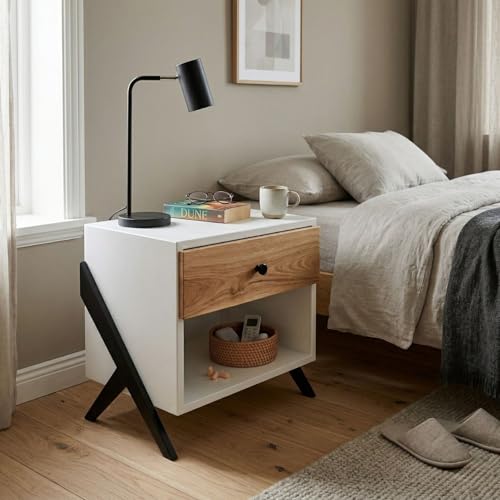 Image of FFO Modern Bedside Table with Drawer & Open Storage | Wooden Finish Nightstand | Side Table for Bedroom | Engineered Wood with Metal Legs | 60x40x54 cm | Oak & White