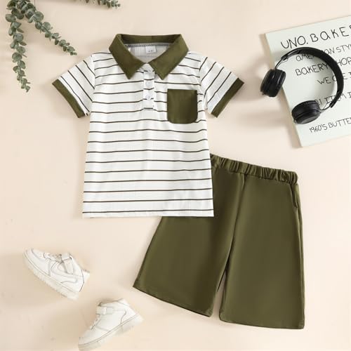 Image of Toddler Kid Boy Clothes Textured Striped Polo Collar Top Summer Shorts 2PC Summer Outfit Set