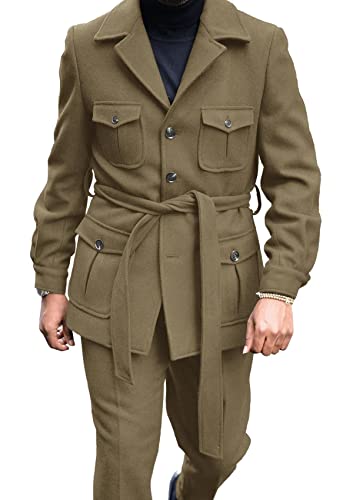 Ebifin Men's 2 Piece Classic Fit Suit Notched Collar Single Breasted Jacket Blazer And Pleated Pants Set Army Green #TOP1