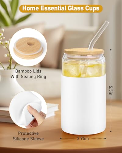 Image of sungwoo Glass Cups with Lids and Straws, 4 Pack 16OZ Iced Coffee Cups with Silicone Sleeve, Glass Tumbler with Straw and Bamboo Lid, Home Essential Drinking Set for Juice, Cocktail and Latte White