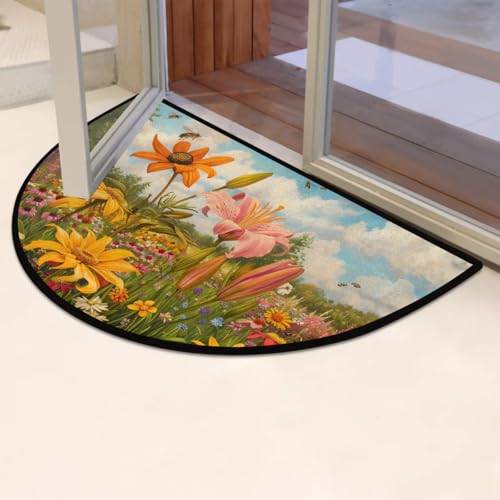 Image of cfpolar Half Round Door Mat Vintage Floral Non-Slip Semi Circle Area Rug Washable Half Moon Hearth Rugs for Indoor Outdoor Bathroom Kitchen Patio Runner Mat Laundry Room Home Decoration