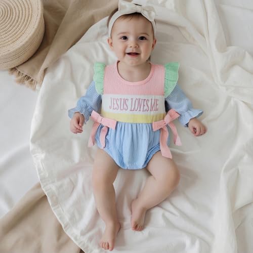 Newborn Baby Girl Fall Clothes Jesus Loves Me Embroidery Bubble Romper Striped Long Sleeve Bodysuit Baptism Outfit2