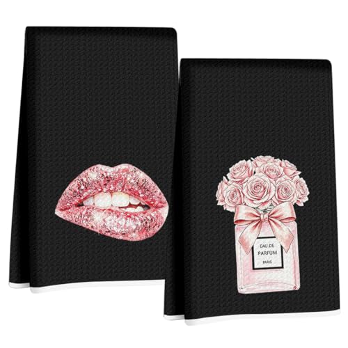 Image of 2 Pcs Pink Bow Champagne Hand Towels, Trendy Girly Reusable Dish Towels | Aesthetic Waffle Weave Hand Towels for Kitchen Bathroom Decor, Black and Pink Gifts for Women Girls Friend 24x14 Inch