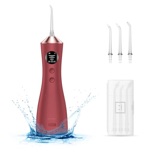Water Dental Flosser for Teeth, Portable Cordless Water Flosser with 300ML Rechargeable with Type-C, IPX7 Waterproof Water Flossers for Adults with 3 Intensity Modes and 3 Flossing Tips Bordeaux