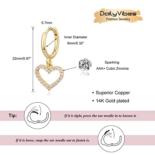 Gold Mini Dangle Huggie Earrings For Women, Dainty 14K Gold Plated Cubic Zirconia Small Hoop Earrings With Charm Drop, Jewelry Gift For Girls And Ladies (Hollow Heart Cz) #TOP1