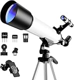 Télescope, 70 mm Ouverture 500 mm Telescope Astronomique pour Adultes, Télescope Compacte et Portable pour Débutants avec Trépied, Adaptateur pour Téléphone, Sac à Dos (Blanc)