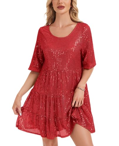 Kyzoeyou Kurzarm Glitzer Sommerkleid Damen mit Pailletten Midi Kleider Leicht Kleid Casual Tunika Plissee Swing Freizeitkleid(Rot,XL)