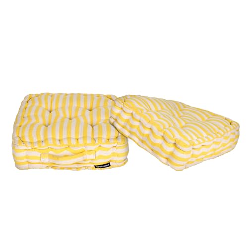 Image of Weaved Quilted Floor Cushion 60x60x10 cm Yellow Stripe with Cotton Filler Large Size for Seating, Patio Seat, Meditation, Yoga, Pooja, Guests, Living Room, Bedroom Size - 24x24x4 Inch