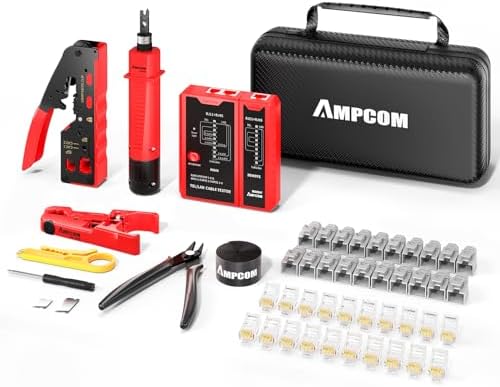 AMPCOM Ethernet Crimping Tool Kit 10-in-1 Pass Through RJ45/RJ11 Network Tool Kit with RJ45 Tester for Cat6/5e RJ45 Connectors, Includes 110 Punch Down Tool & Wire Stripper, Portable Waterproof Bag