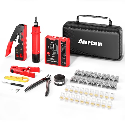 AMPCOM Ethernet Crimping Tool Kit 10-in-1 Pass Through RJ45/RJ11 Network Tool Kit with RJ45 Tester for Cat6/5e RJ45 Connectors, Includes 110 Punch Down Tool & Wire Stripper, Portable Waterproof Bag