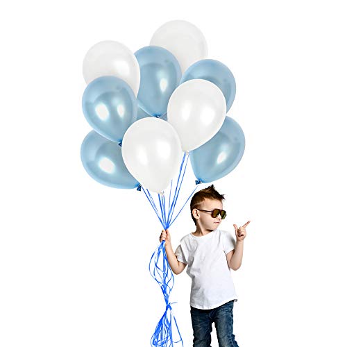 Metallic Pearl White and Light Baby Blue Balloons 12 Inch Thick Latex Balloon Pack of 72 and 65 Yards Curling Ribbons Party Set for Elephant Baby Shower Birthday Wedding Gender Reveal Party Supplies