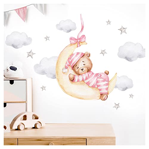 Wandaro Pink Bear with Moon Wall Sticker Animal Print Cute Vinyl Wall Sticker Decoration for Children's Room