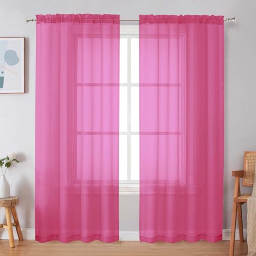 Image of Simplebrand Hot Pink Sheer Curtains 72 Inches Long 2 Panels for Living Room, Rod Pockets Airy Window Treatments Voile Sheer Black Curtains Panels Lightweight for Front Back Patio Glass Door, 42 inch Width