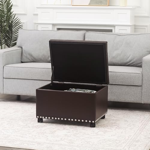 Image of Joveco Leather Storage Ottoman with 360 Caster Wheels 24 inch Foot Rest Bench Rectangle Ottomans Stool for Living Room Bedroom (Brown, Wheels)