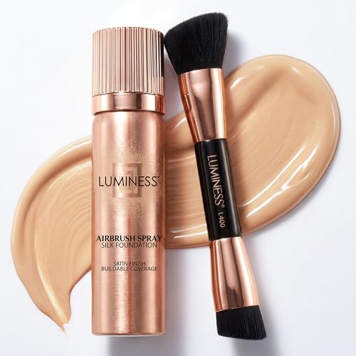 LUMINESS Silk Airbrush Spray Foundation & Buffing Brush Kit – Full Coverage Foundation & Dual-Sided Buffing Brush - Buildable Coverage, Anti-Aging Formula Hydrates & Moisturizes - Light Medium