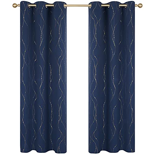 Deconovo Window Curtains For Bedroom 63 Inch - Blackout Noise Reducing Drapes For Kids Room, Grommet Curtains With Gold Printed (42W X 63L Inch, Navy Blue, 2 Panels) #TOP1