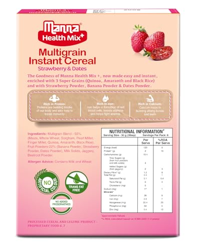 Image of Manna Health Mix Instant Multigrain Cereal, Strawberry, Banana, Dates, with Milk. Made with Real Fruits and 7 Supergrains and Millets. No Added Sugar, No Artificial Colour, Flavours 200g