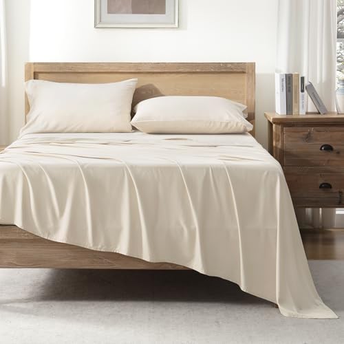 Image of Andency Beige Full Sheets Set 100% Viscose Derived from Bamboo | Cooling Summer Sheets, Deep Pocket Up to 16 inch, Silky Soft Hotel Luxury Breathable Bedding Sheets & Pillowcases